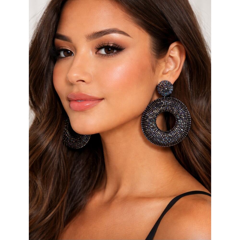 Kay Lee Black Iridescent Circle Earrings New
